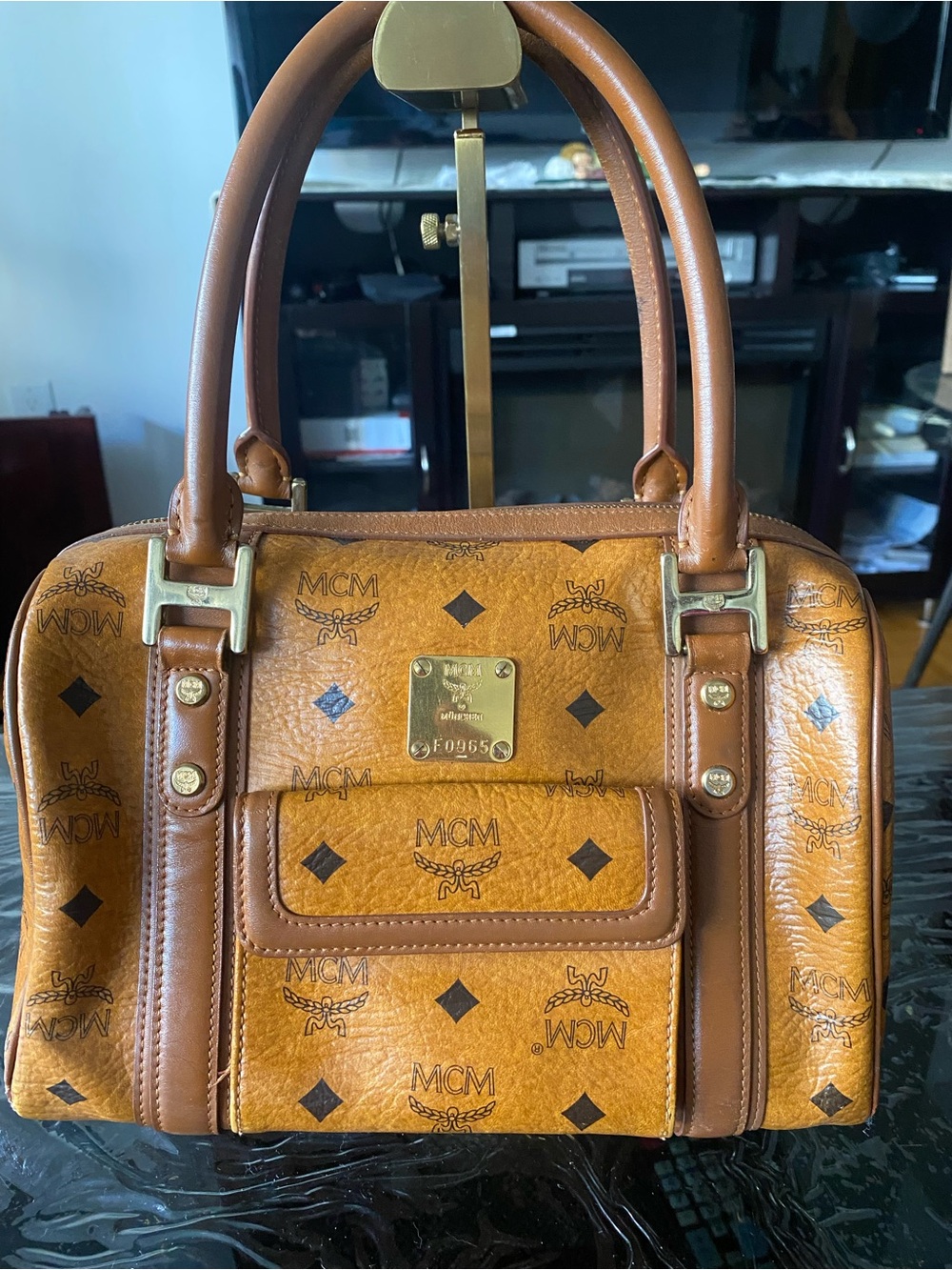 MCM Cognac Monogram Satchel with Gold Plaque